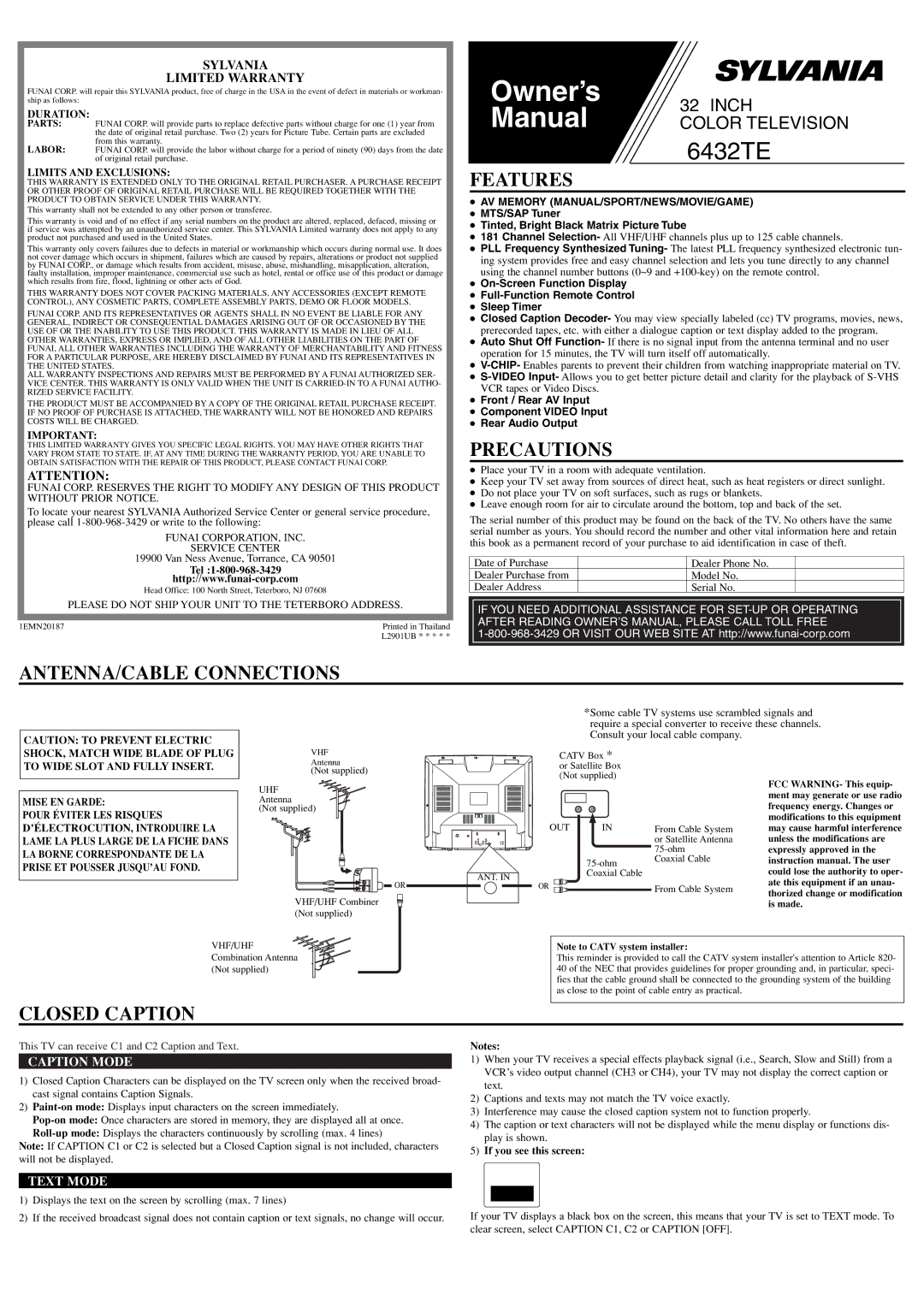 Sylvania 6432TE owner manual Features, Precautions, ANTENNA/CABLE Connections, Closed Caption 