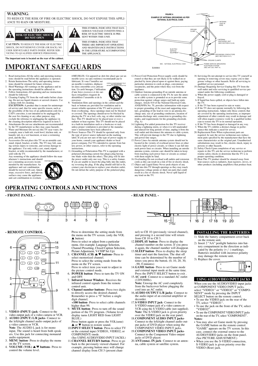 Sylvania 6432TE Important Safeguards, Rear Panel, Remote Control, Installing the Batteries, Using AUDIO/VIDEO Input Jacks 