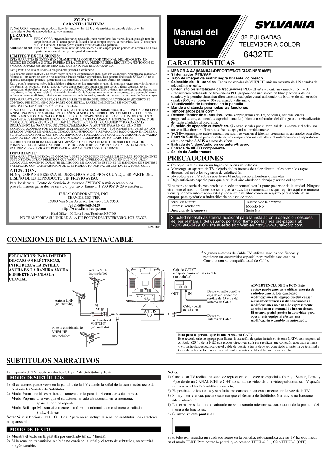 Sylvania 6432TE owner manual Características, Precauciones, Conexiones DE LA ANTENA/CABLE, Subtitulos Narrativos 