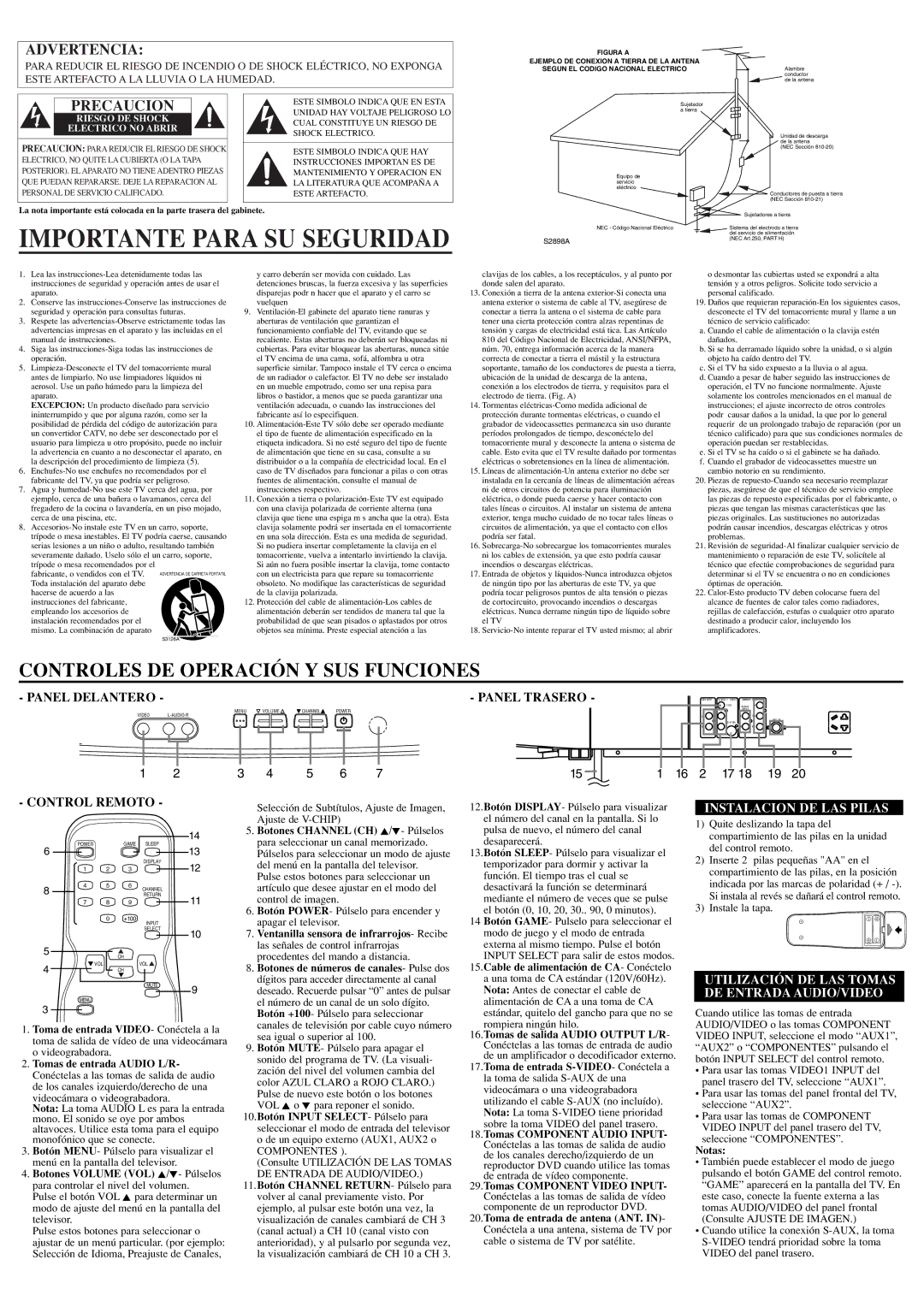 Sylvania 6432TE Importante Para SU Seguridad, Panel Trasero, Instalacion DE LAS Pilas, Botones Channel CH K/L- Púlselos 