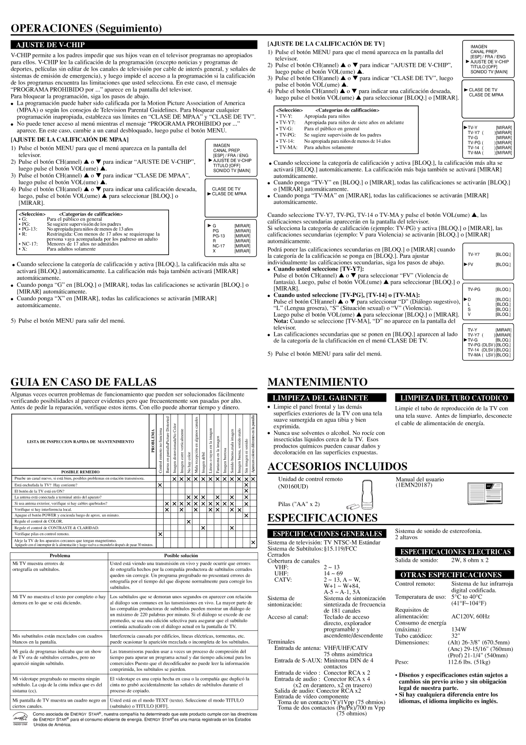 Sylvania 6432TE Operaciones Seguimiento, Guia EN Caso DE Fallas, Mantenimiento, Accesorios Incluidos, Especificaciones 