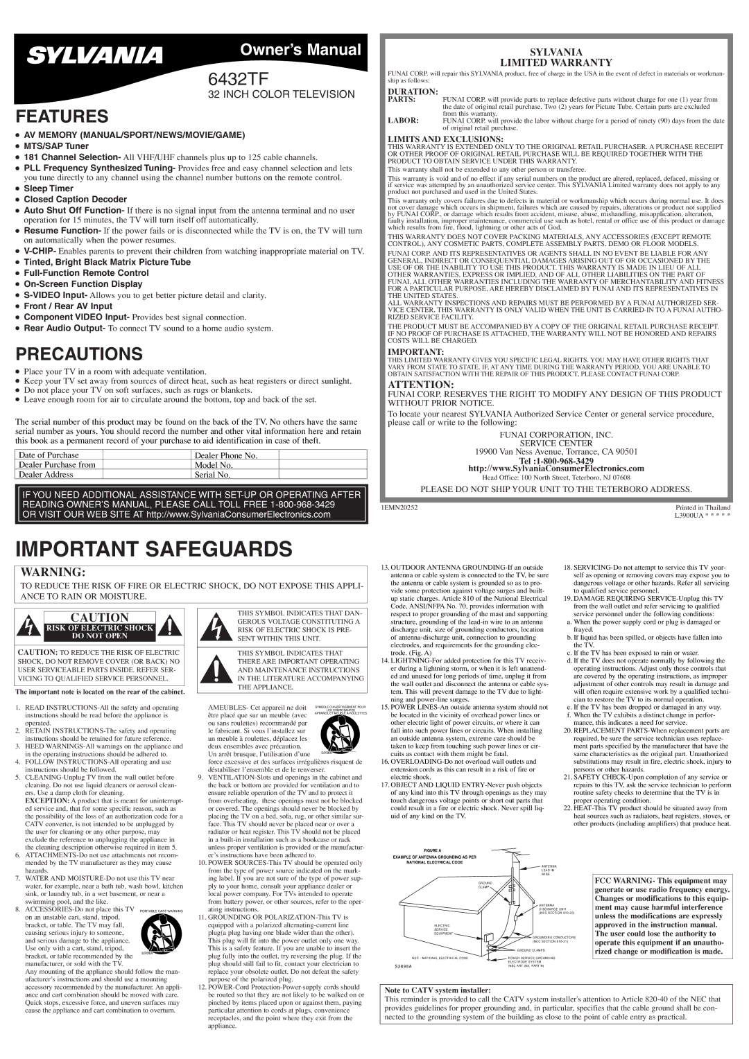 Sylvania 6432TF owner manual Features, Precautions, Sylvania Limited Warranty, AV Memory MANUAL/SPORT/NEWS/MOVIE/GAME 