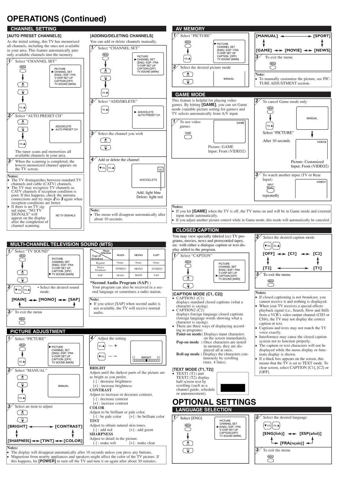 Sylvania 6432TF owner manual Operations, Optional Settings 