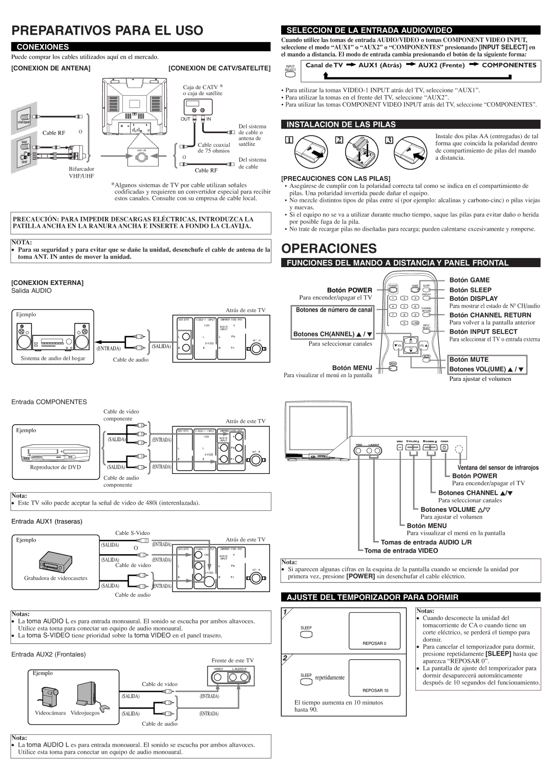 Sylvania 6432TF owner manual Preparativos Para EL USO, Operaciones 