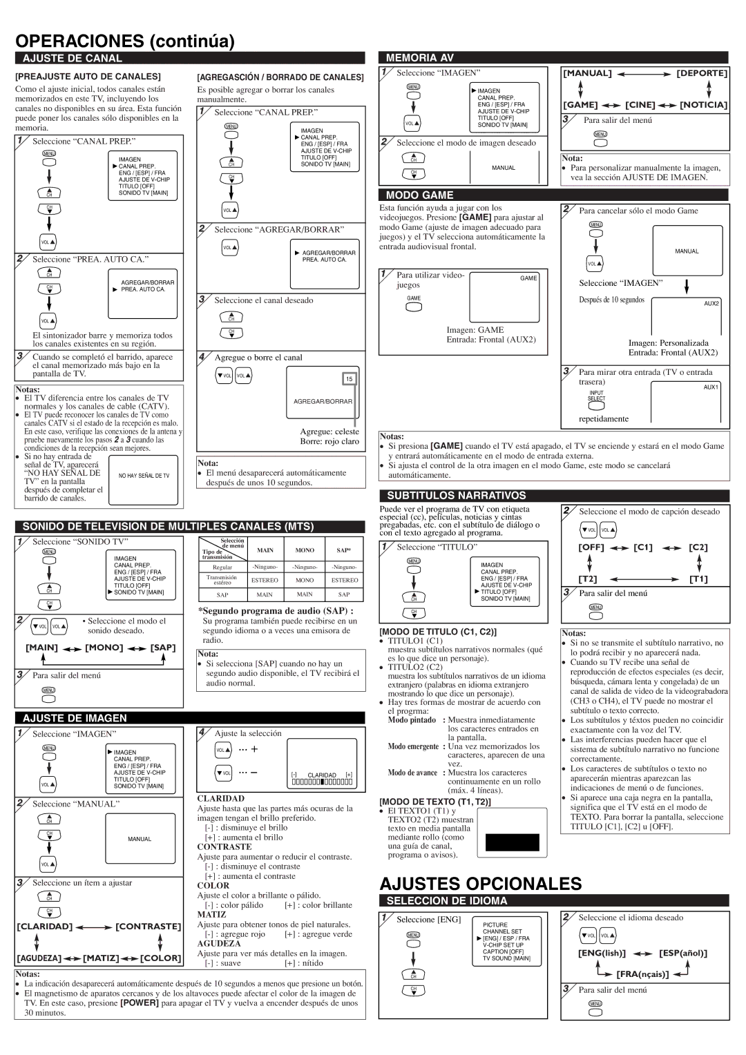 Sylvania 6432TF owner manual Operaciones continúa, Ajustes Opcionales 