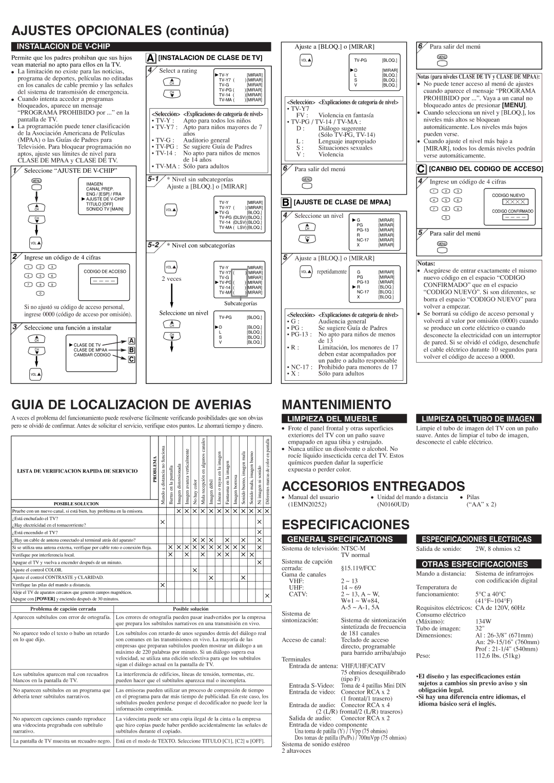 Sylvania 6432TF Ajustes Opcionales continúa, Guia DE Localizacion DE Averias, Mantenimiento, Accesorios Entregados 