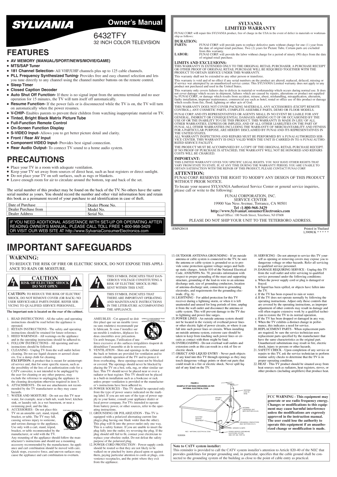 Sylvania 6432TFY owner manual Features, Precautions, Sylvania Limited Warranty, AV Memory MANUAL/SPORT/NEWS/MOVIE/GAME 