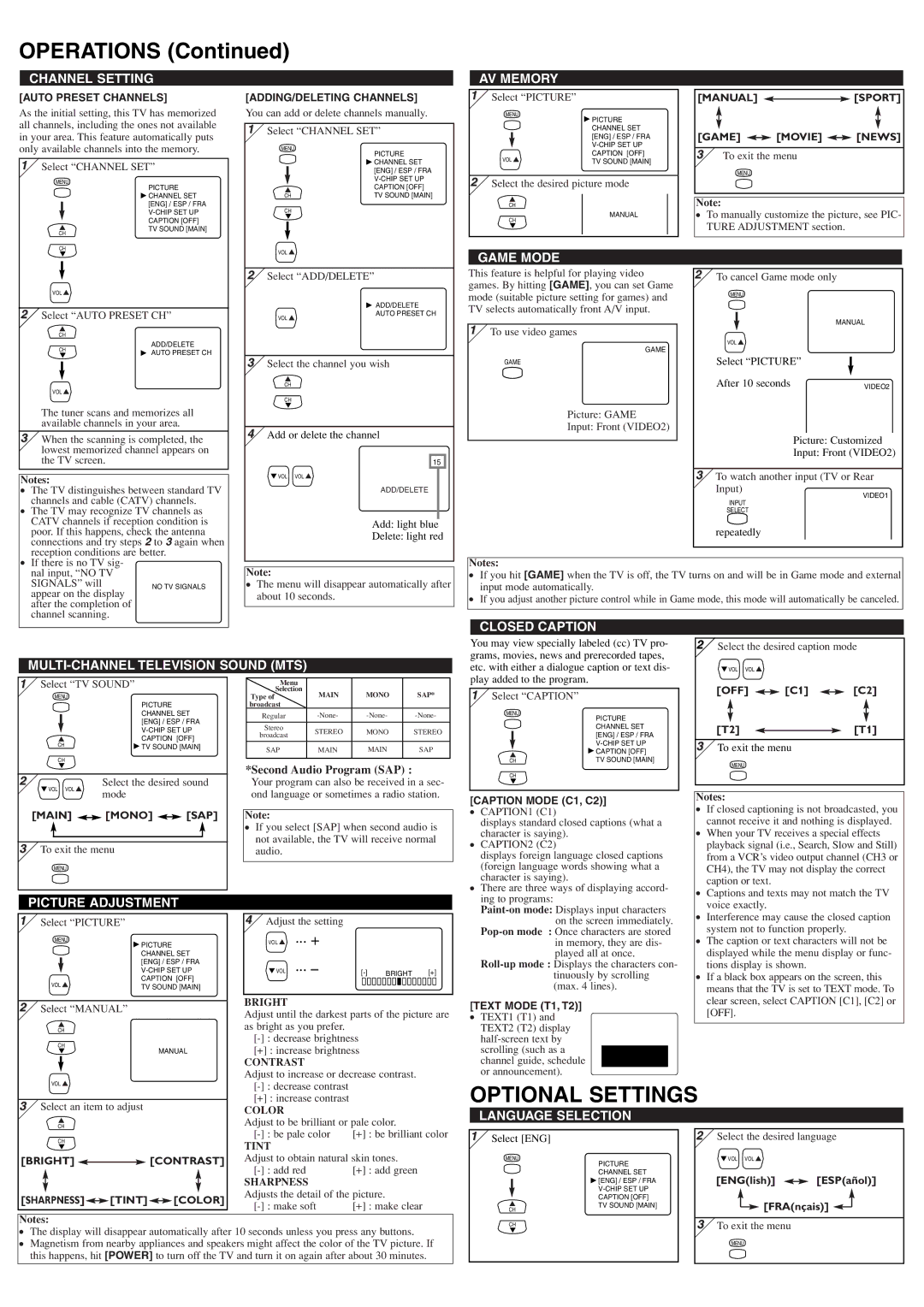 Sylvania 6432TFY owner manual Operations, Optional Settings 