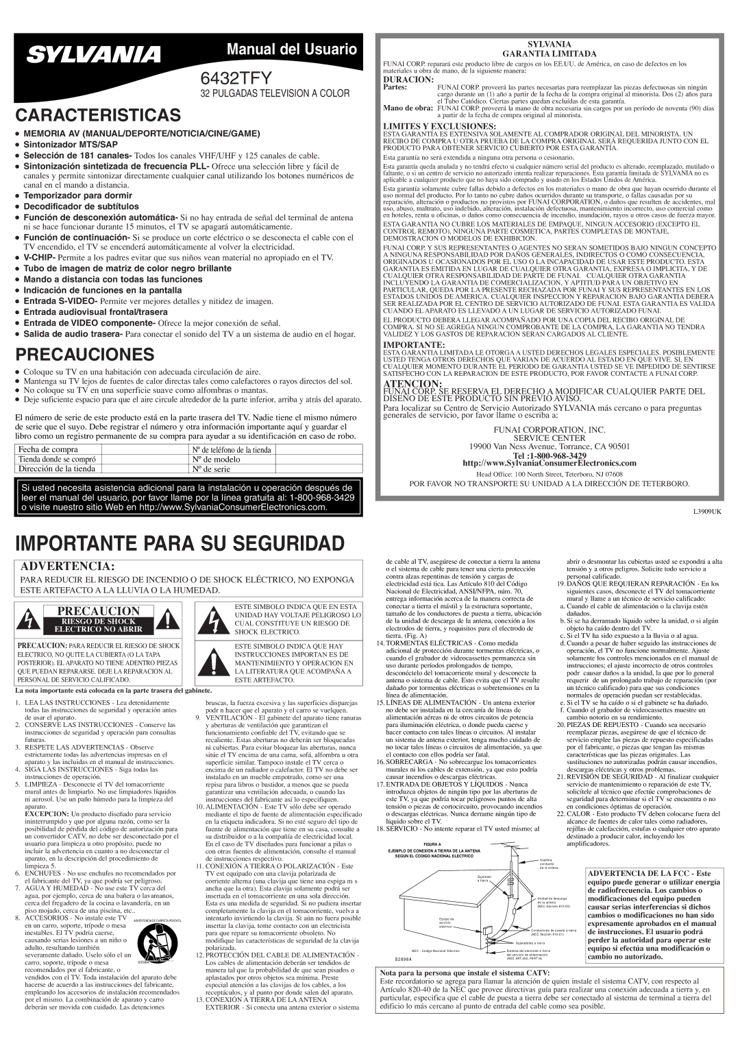 Sylvania 6432TFY owner manual Caracteristicas, Precauciones, Atencion, Memoria AV MANUAL/DEPORTE/NOTICIA/CINE/GAME 