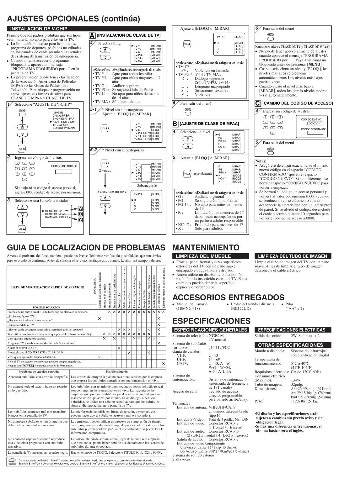 Sylvania 6432TFY Ajustes Opcionales continúa, Guia DE Localizacion DE Problemas, Mantenimiento, Accesorios Entregados 