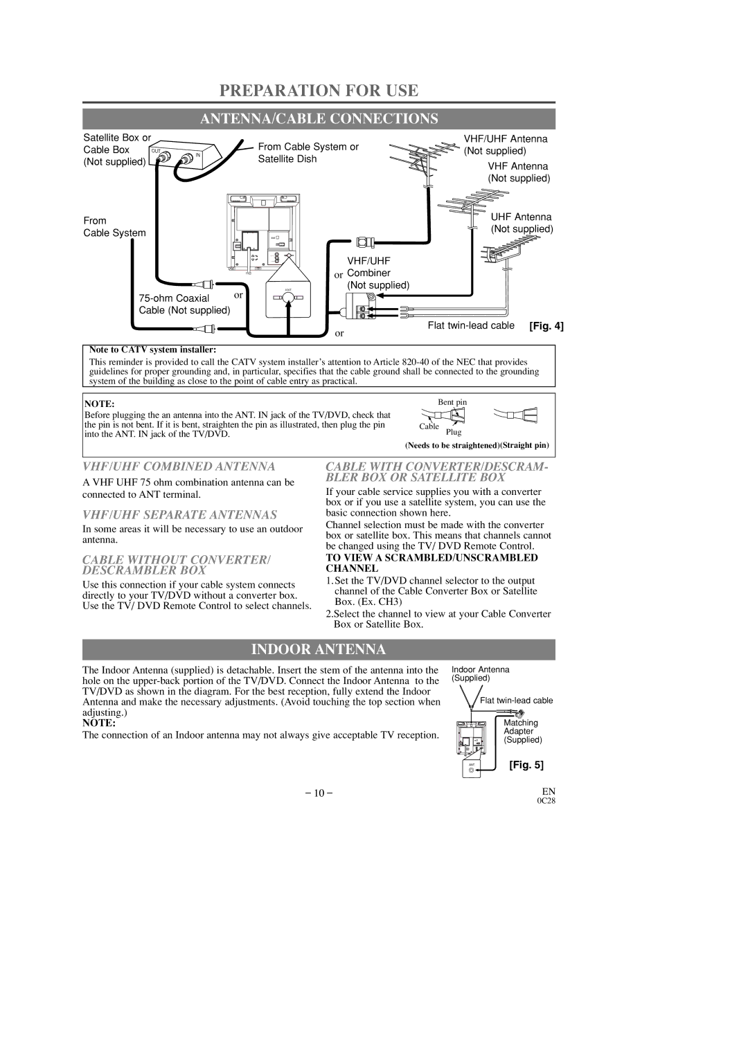 Sylvania 6509DD owner manual Preparation for USE, ANTENNA/CABLE Connections, Indoor Antenna 