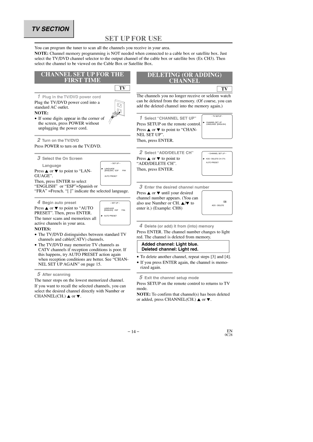 Sylvania 6509DD owner manual SET UP for USE, Channel SET UP for First Time, Deleting or Adding Channel 