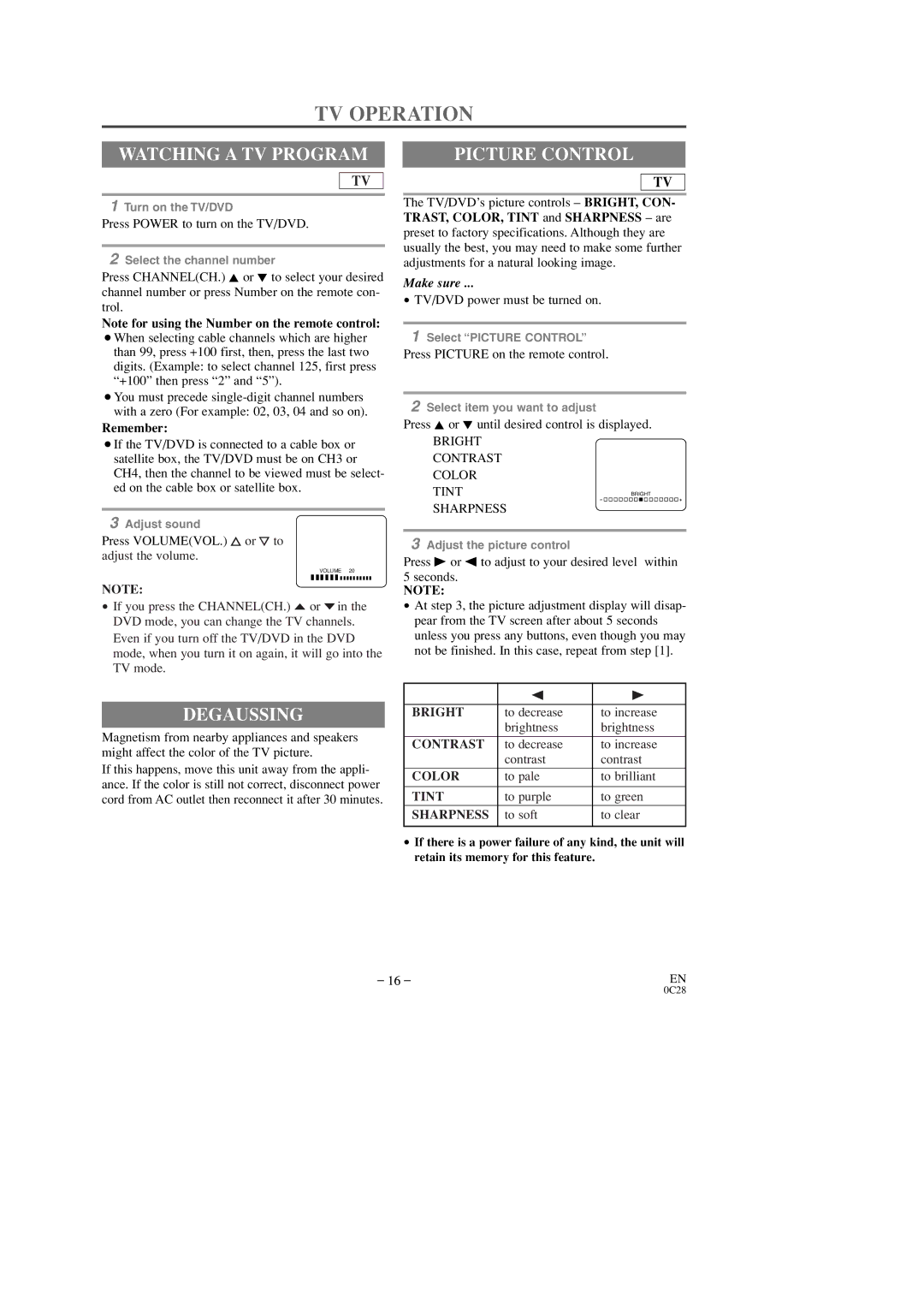 Sylvania 6509DD owner manual TV Operation, Watching a TV Program, Degaussing, Picture Control 