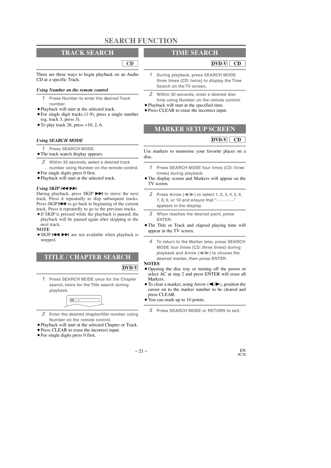 Sylvania 6509DD owner manual Search Function, Track Search, Title / Chapter Search, Marker Setup Screen 