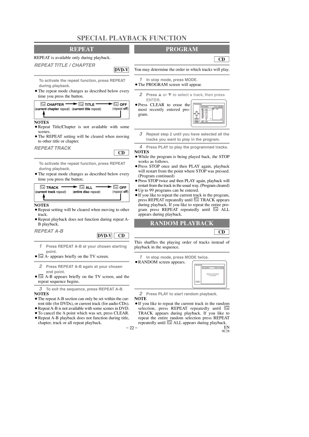 Sylvania 6509DD owner manual Special Playback Function, Repeat, Random Playback 