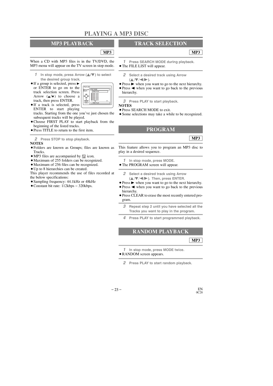 Sylvania 6509DD owner manual Playing a MP3 Disc, MP3 Playback, Track Selection, Program, ¡The File List will appear 