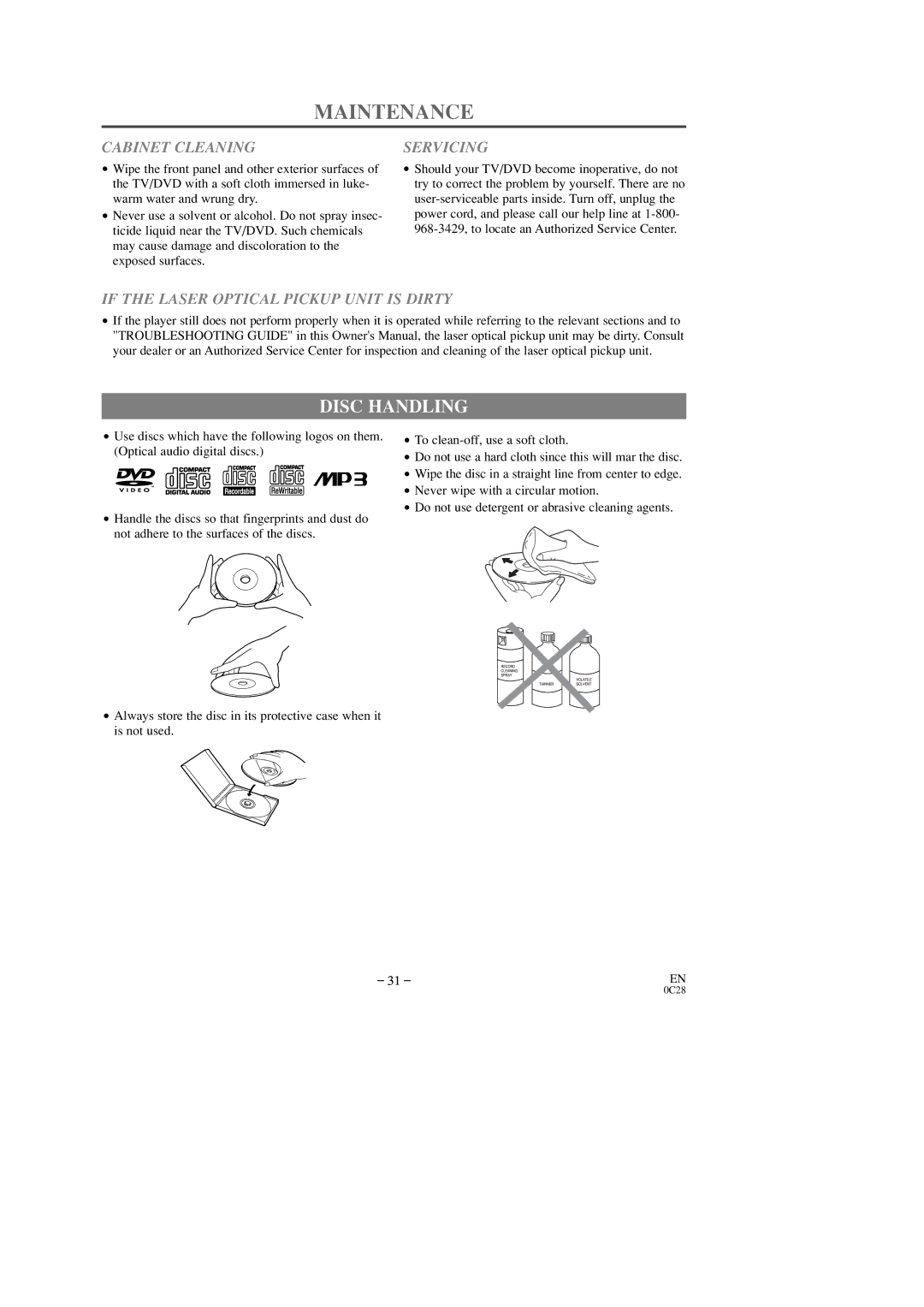 Sylvania 6509DD Maintenance, Disc Handling, Cabinet Cleaning, Servicing, If the Laser Optical Pickup Unit is Dirty 