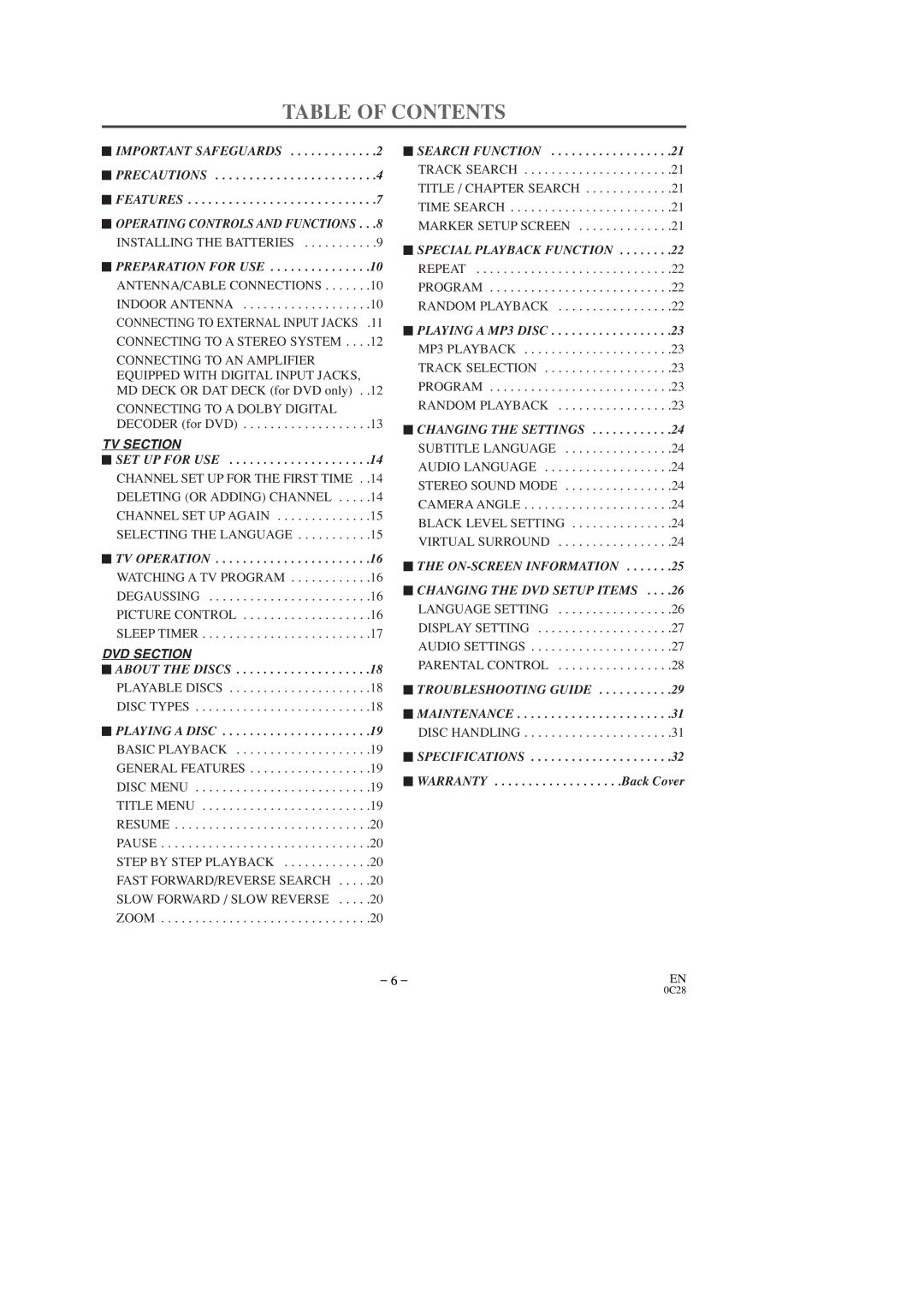 Sylvania 6509DD owner manual Table of Contents 