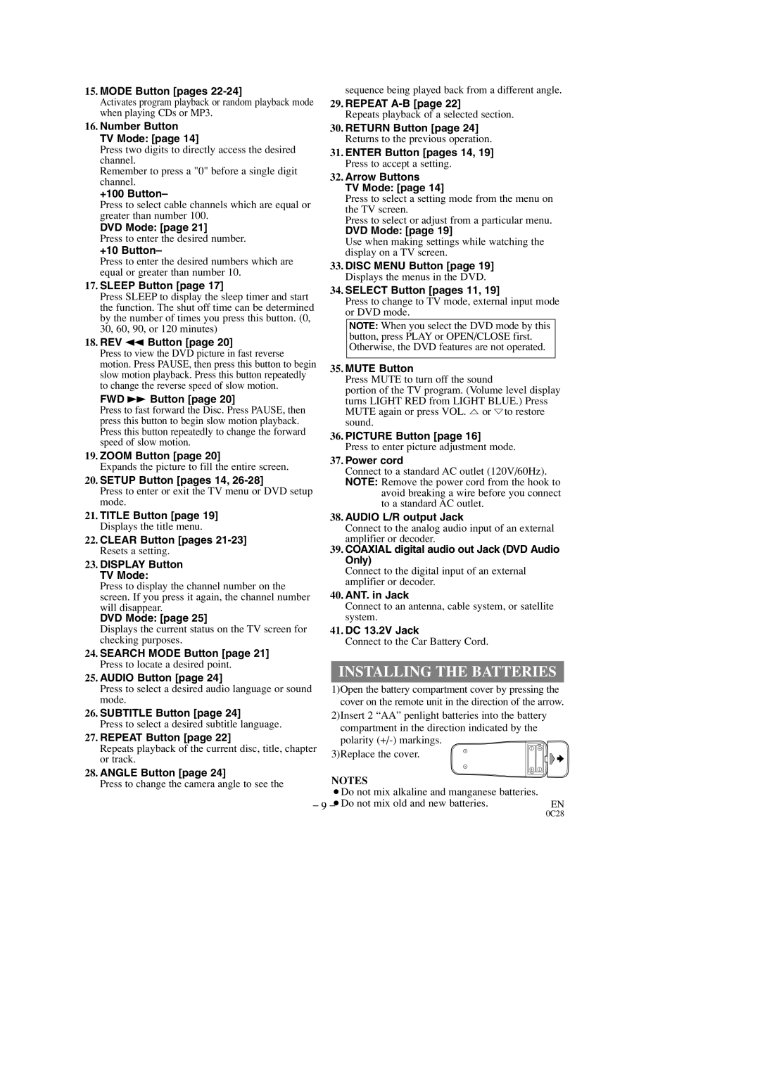 Sylvania 6509DD owner manual Installing the Batteries 