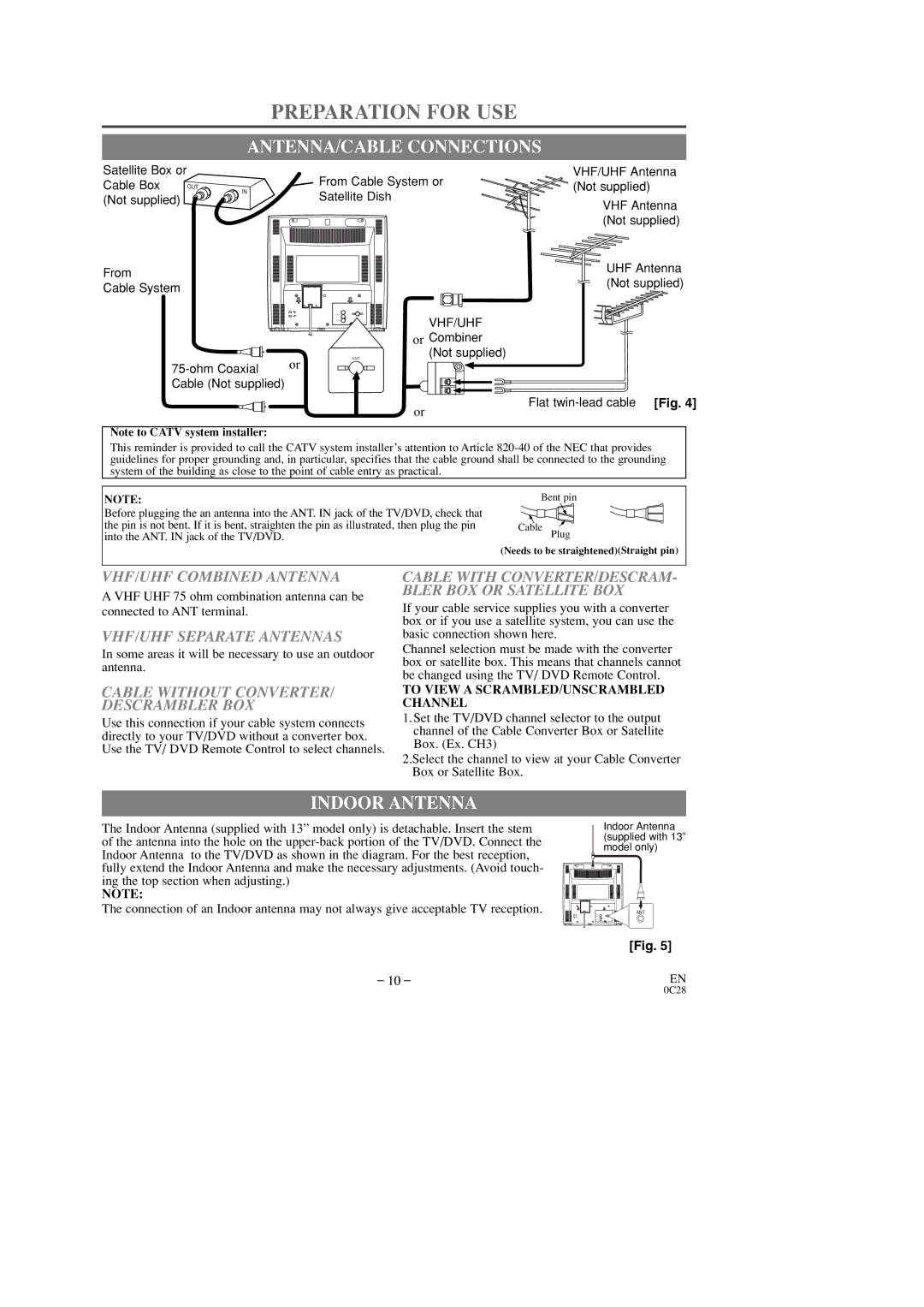 Sylvania 6513DD, 6519DD owner manual Preparation for USE, ANTENNA/CABLE Connections, Indoor Antenna 