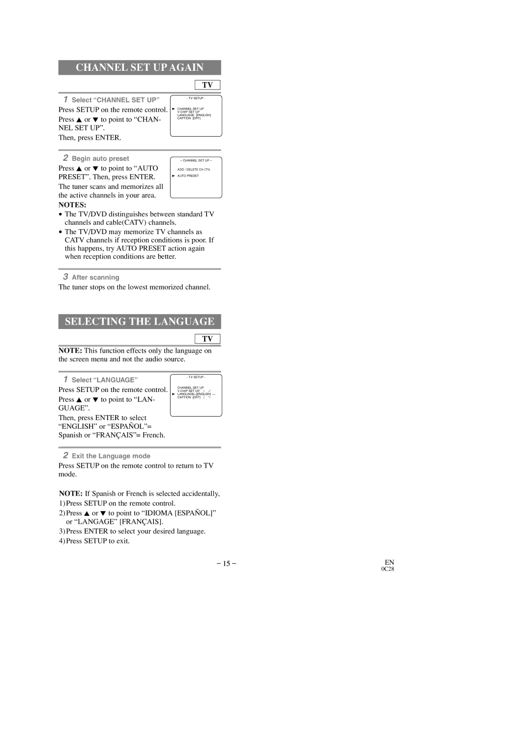 Sylvania 6513DD, 6519DD Channel SET UP Again, Selecting the Language, Tuner stops on the lowest memorized channel 