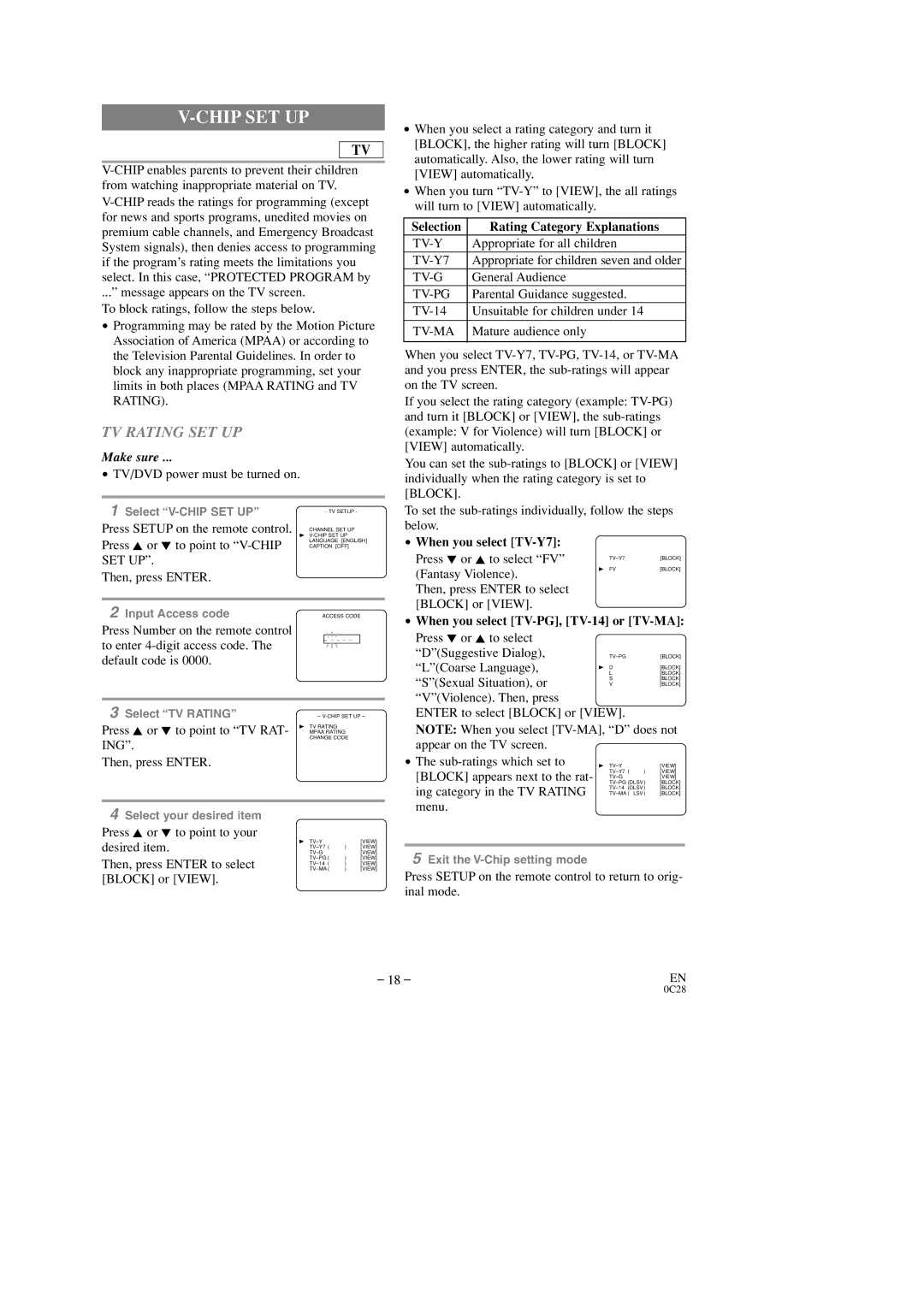 Sylvania 6513DD, 6519DD Chip SET UP, TV Rating SET UP, Selection Rating Category Explanations, When you select TV-Y7 