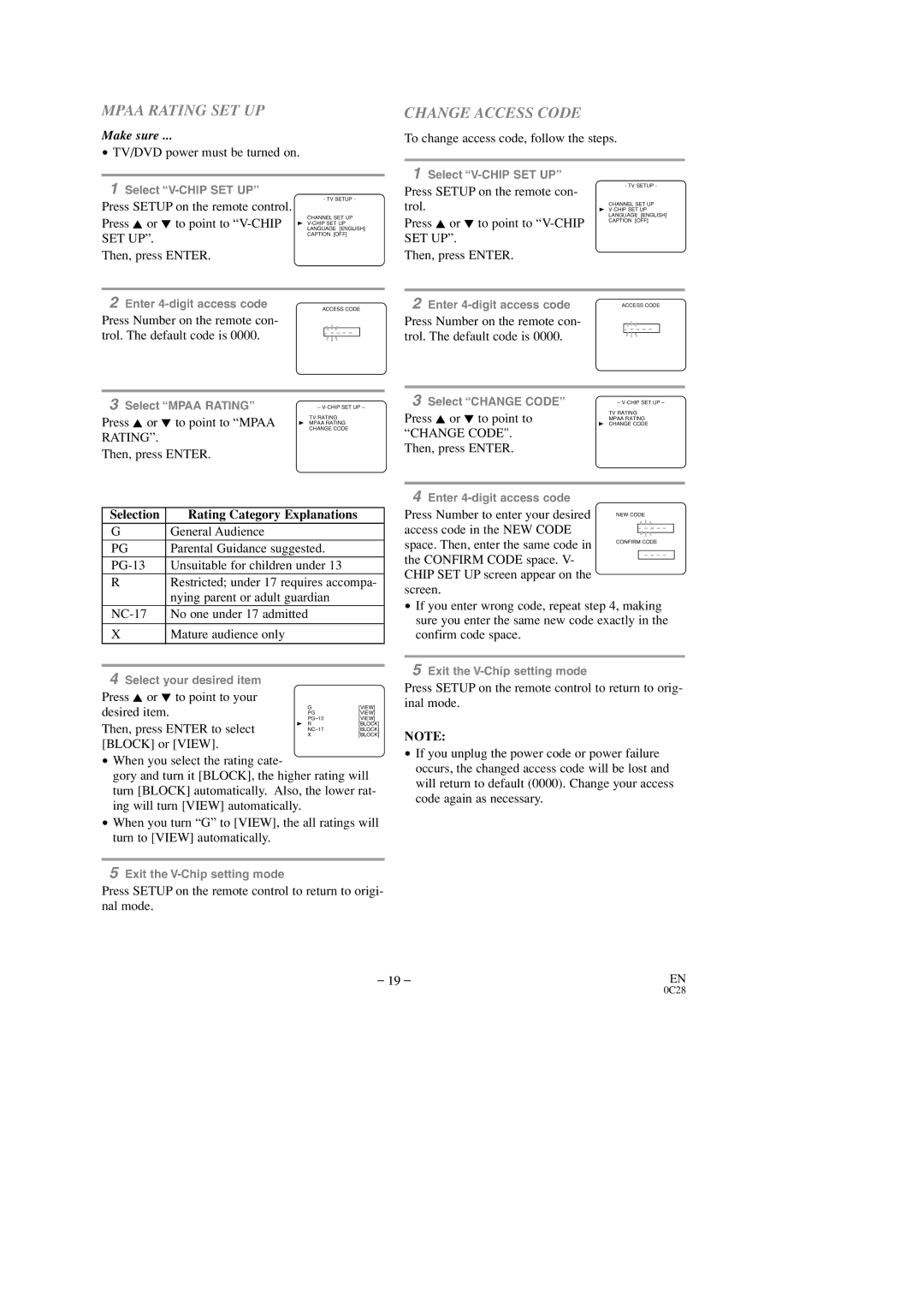 Sylvania 6513DD, 6519DD owner manual Mpaa Rating SET UP, Change Access Code 