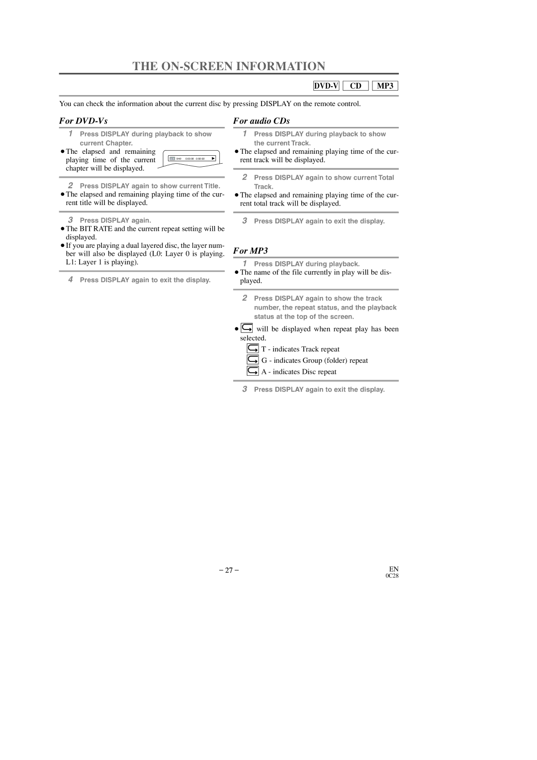 Sylvania 6513DD, 6519DD owner manual ON-SCREEN Information, ¡The elapsed and remaining Playing time of the current 