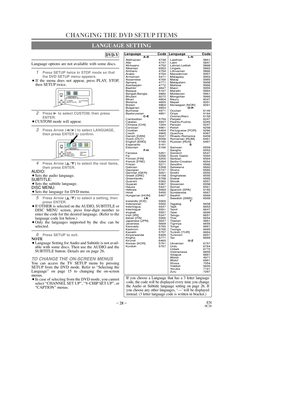 Sylvania 6513DD, 6519DD owner manual Changing the DVD Setup Items, Language Setting 