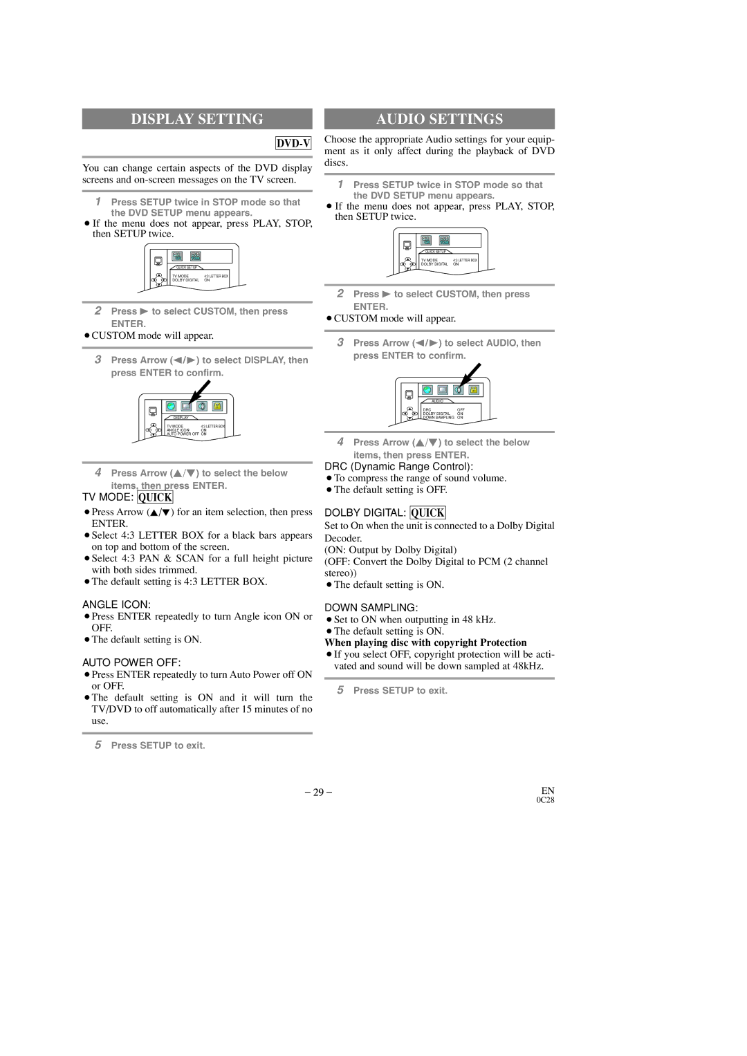 Sylvania 6513DD, 6519DD owner manual Display Setting, Audio Settings, ¡Press Arrow K/L for an item selection, then press 