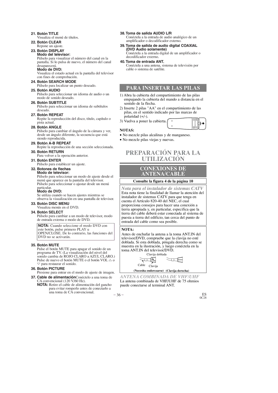 Sylvania 6513DD, 6519DD owner manual Preparación Para LA Utilización, Para Insertar LAS Pilas, Conexiones DE ANTENA/CABLE 