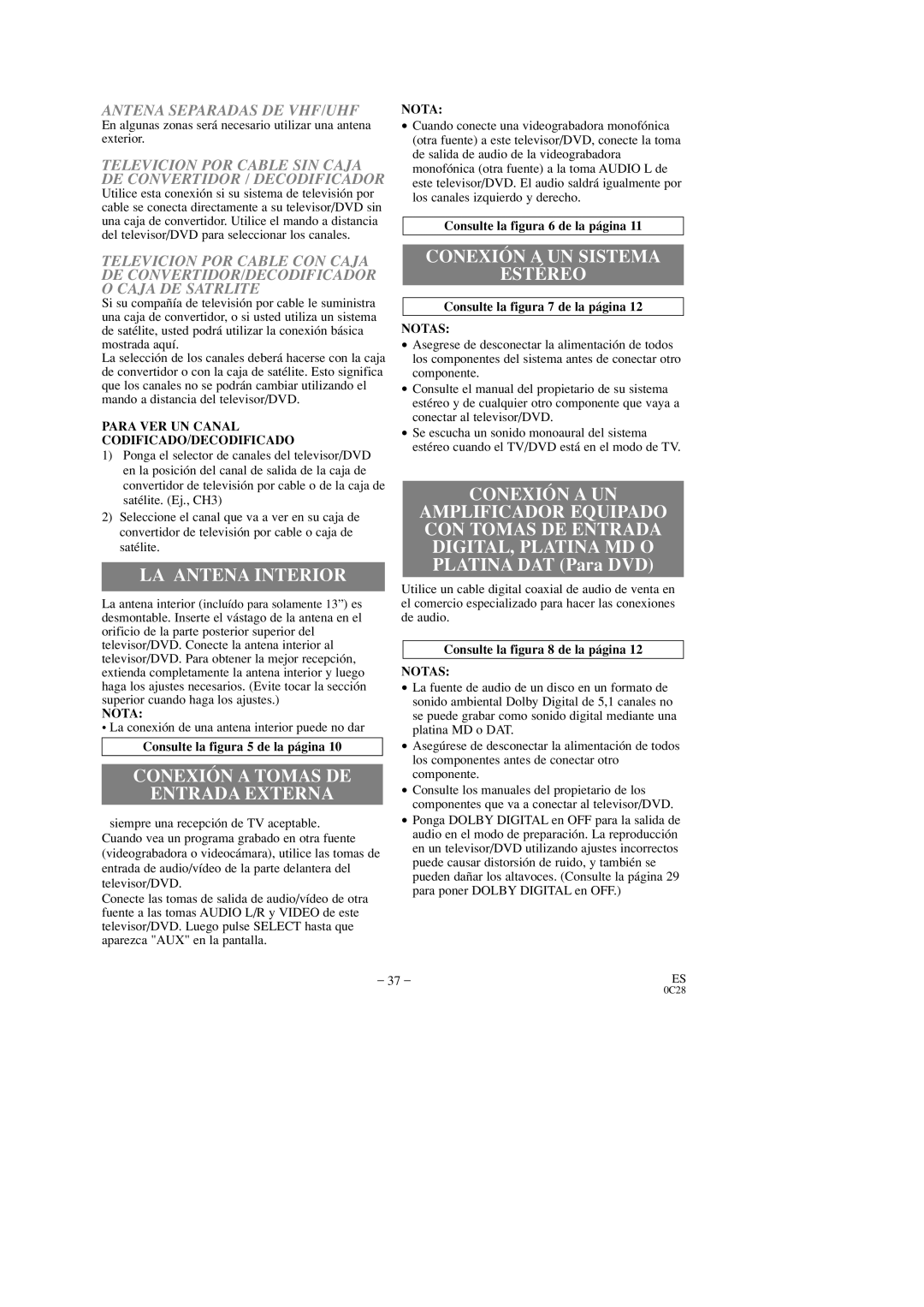 Sylvania 6513DD, 6519DD owner manual LA Antena Interior, Conexión a Tomas DE Entrada Externa, Conexión a UN Sistema Estéreo 