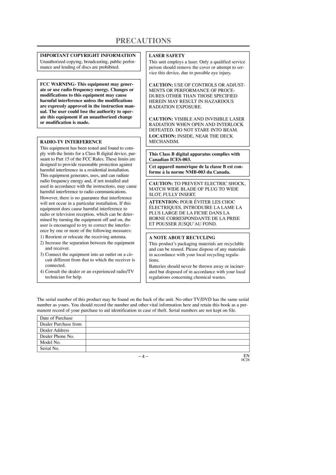 Sylvania 6513DD, 6519DD owner manual Precautions, Important Copyright Information, RADIO-TV Interference, Laser Safety 