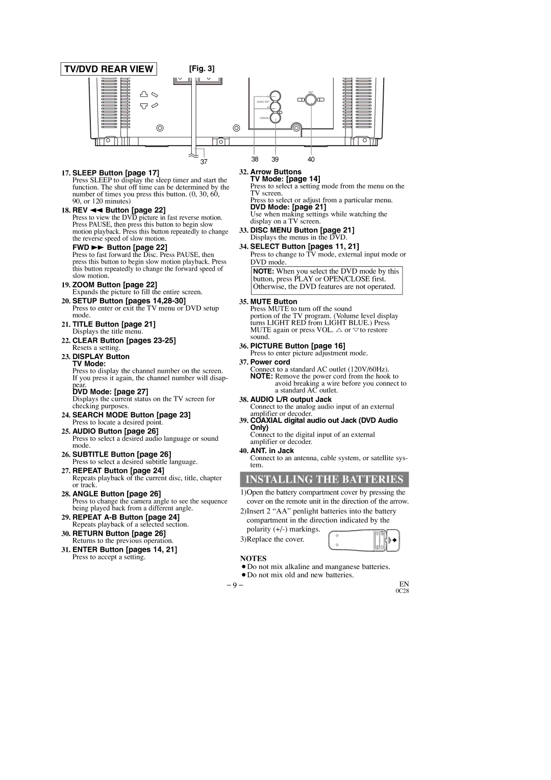 Sylvania 6513DD, 6519DD owner manual Installing the Batteries 