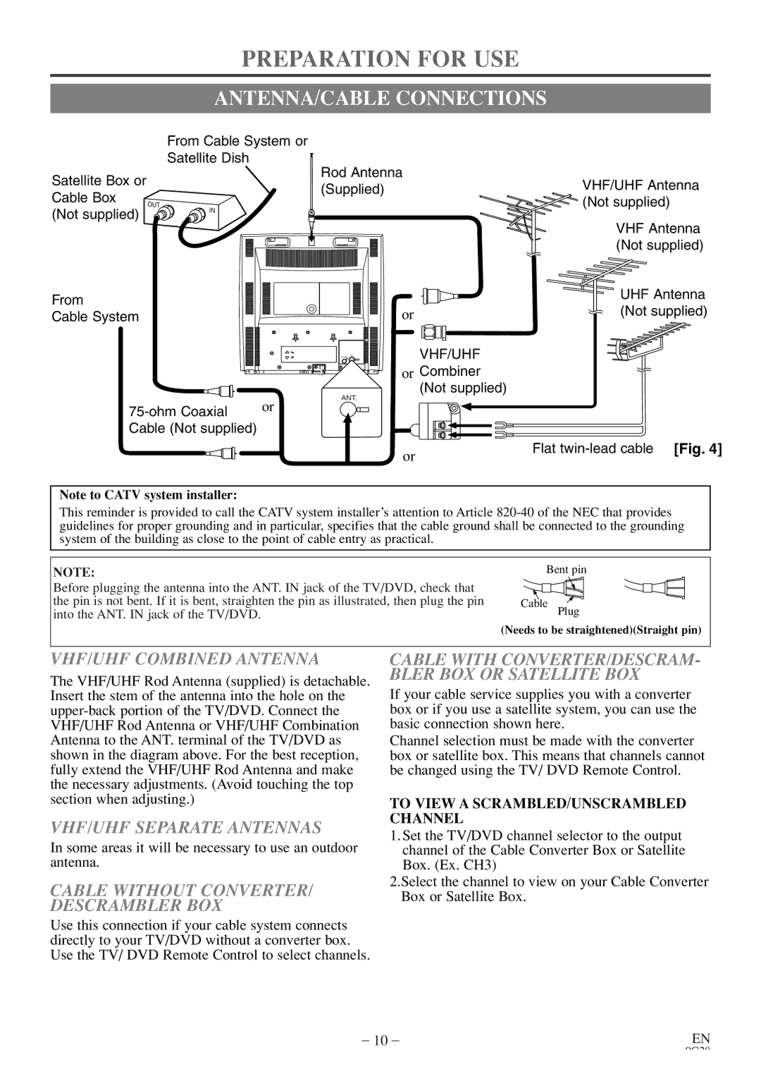 Sylvania 6513DE Preparation for USE, ANTENNA/CABLE Connections, VHF/UHF Combined Antenna, VHF/UHF Separate Antennas 