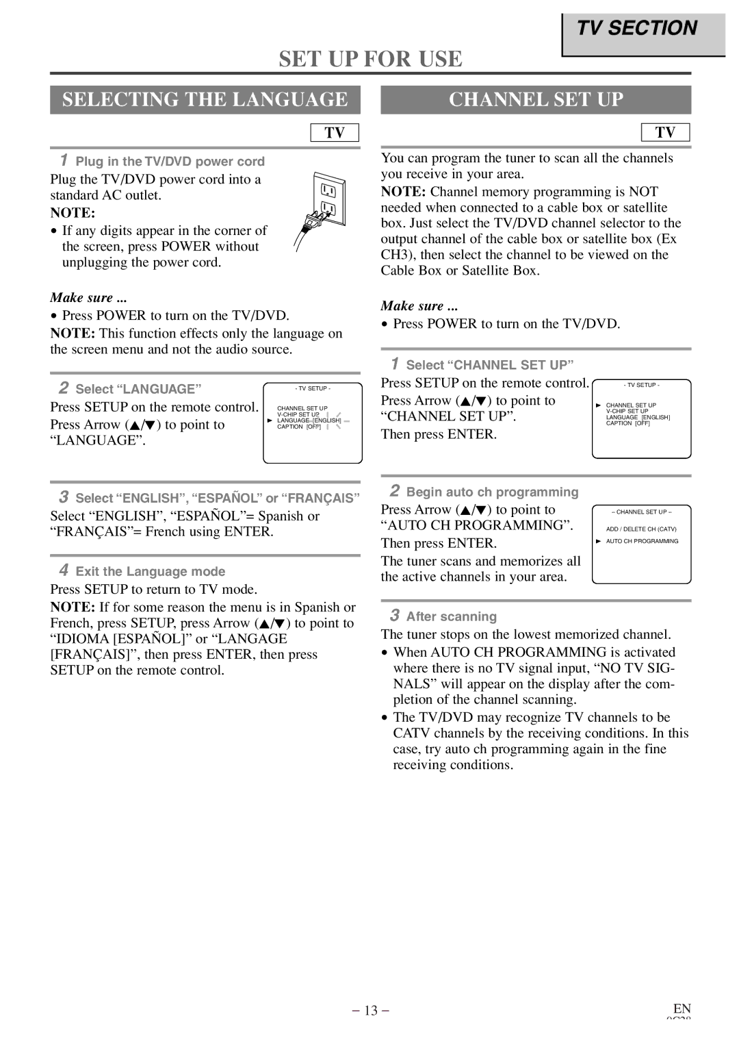 Sylvania 6513DE owner manual SET UP for USE, Selecting the Language, Channel SET UP 