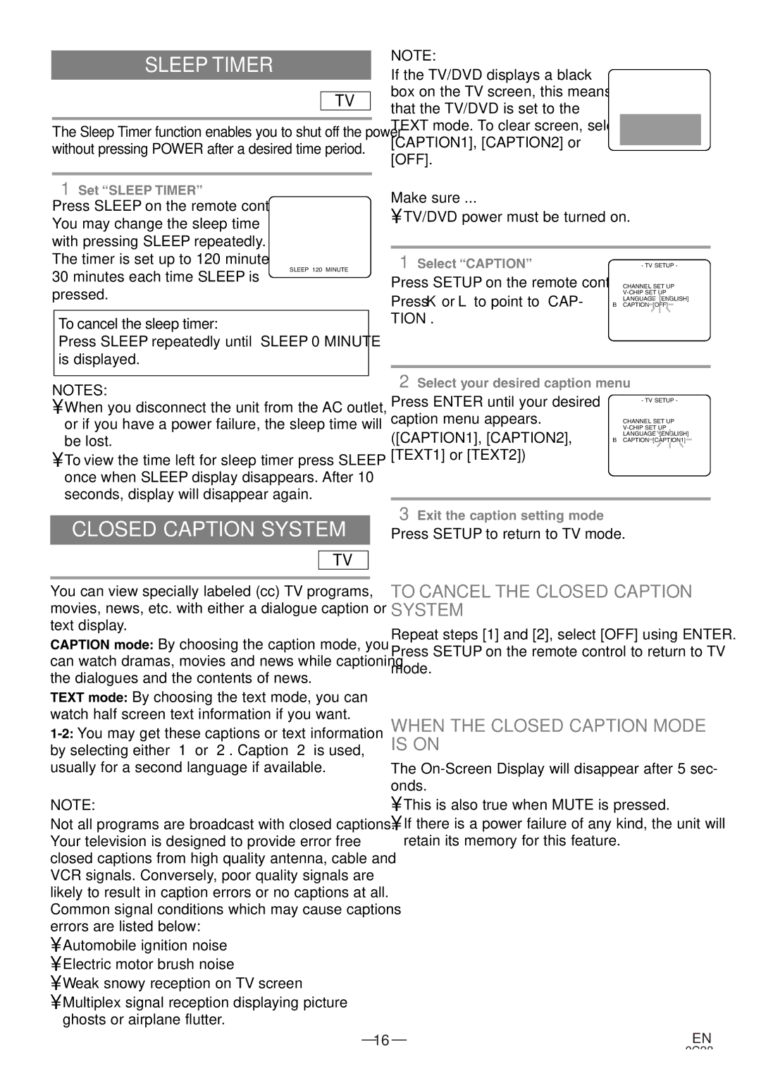 Sylvania 6513DE owner manual Sleep Timer, To Cancel the Closed Caption System, When the Closed Caption Mode is on 