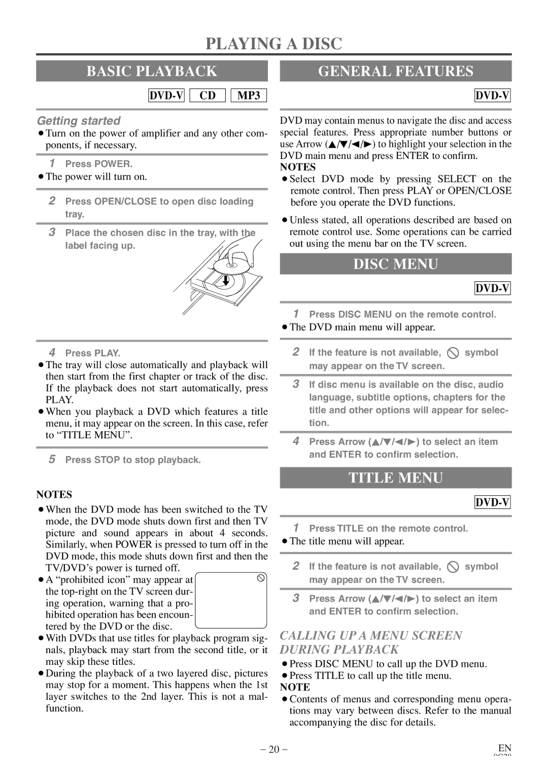 Sylvania 6513DE owner manual Playing a Disc, Basic Playback General Features, Disc Menu, Title Menu 