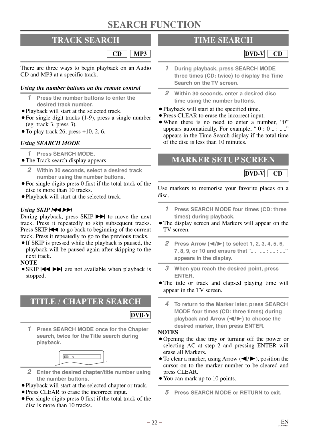 Sylvania 6513DE owner manual Search Function, Track Search Time Search, Title / Chapter Search, Marker Setup Screen 