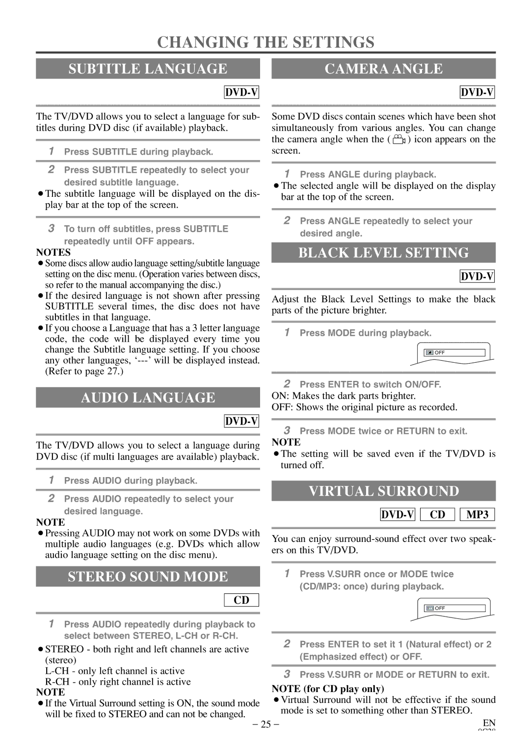 Sylvania 6513DE owner manual Changing the Settings 