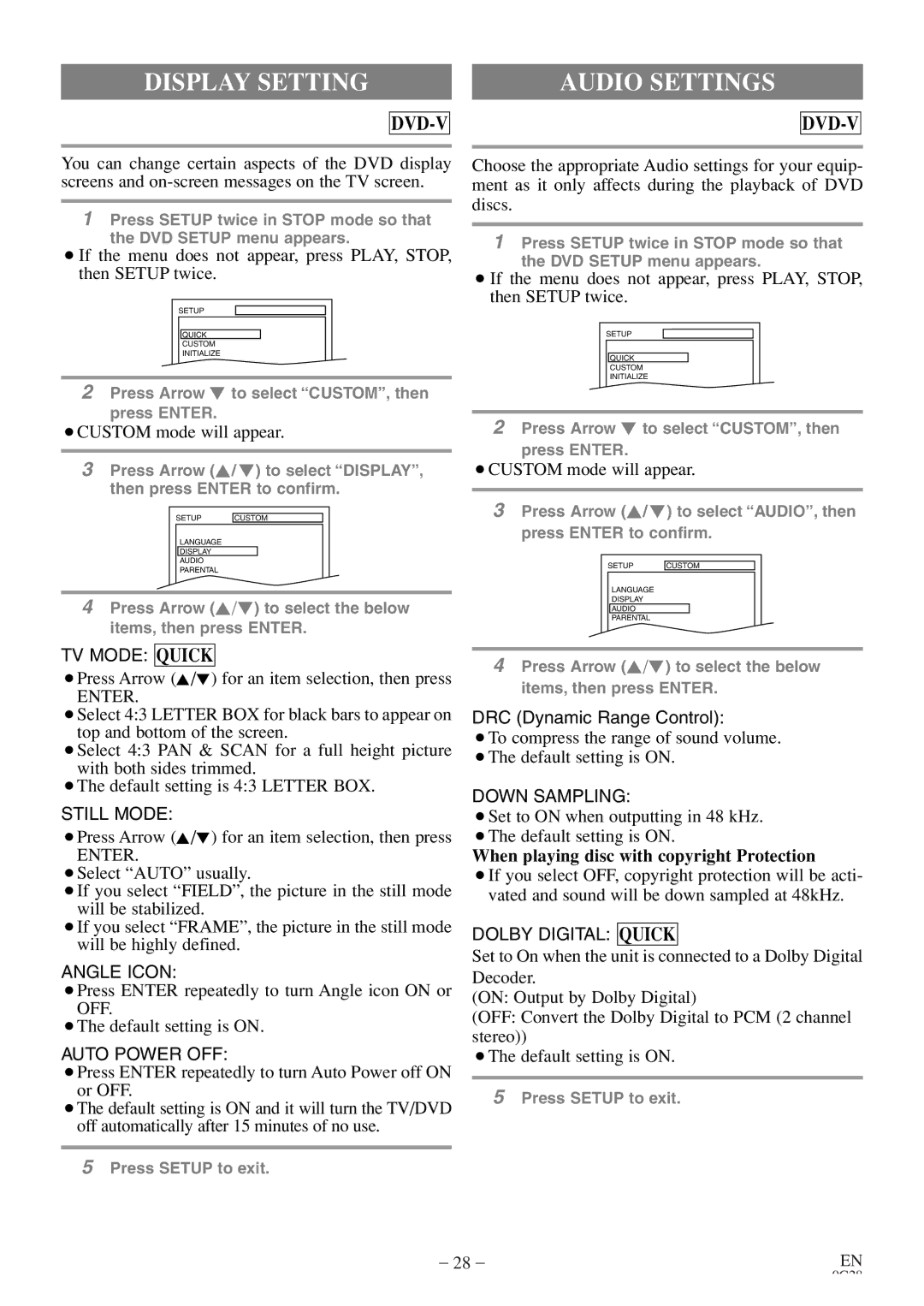 Sylvania 6513DE owner manual Display Setting Audio Settings, Enter, When playing disc with copyright Protection 