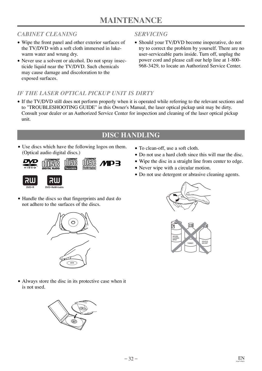 Sylvania 6513DE Maintenance, Disc Handling, Cabinet Cleaning, Servicing, If the Laser Optical Pickup Unit is Dirty 