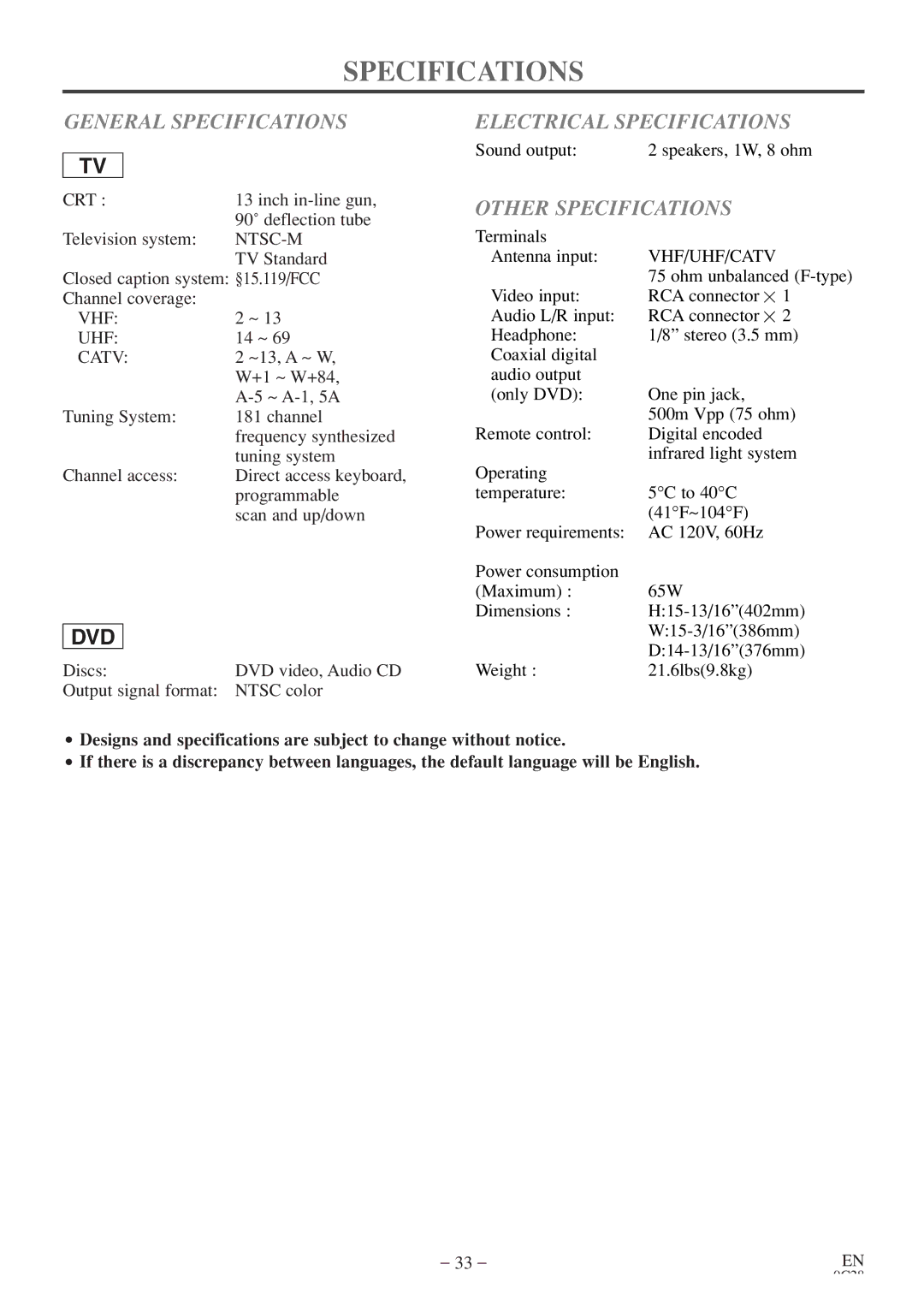 Sylvania 6513DE owner manual General Specifications, Electrical Specifications, Other Specifications 