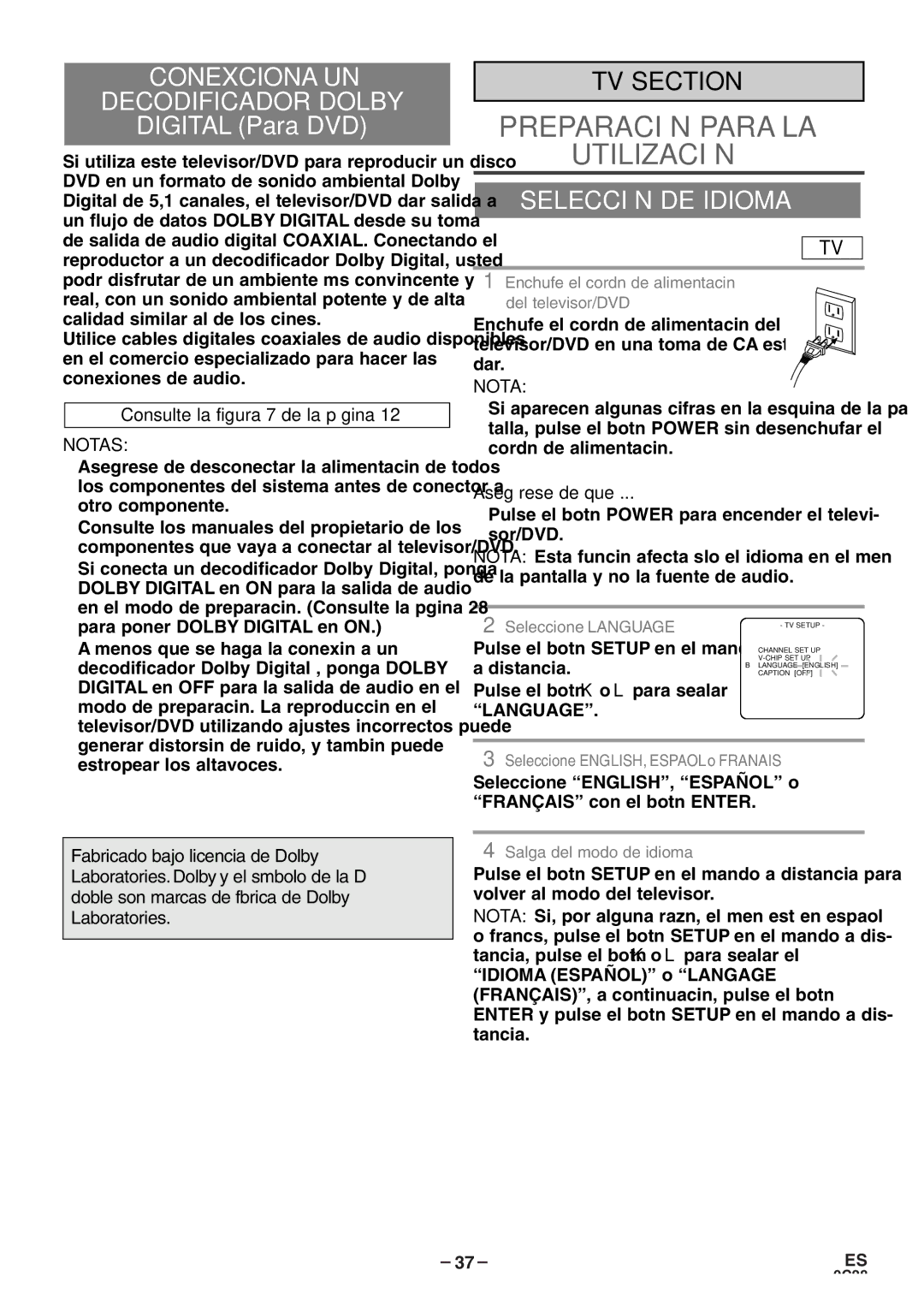 Sylvania 6513DE owner manual Conexciona UN Decodificador Dolby, Selección DE Idioma, Consulte la figura 7 de la página 