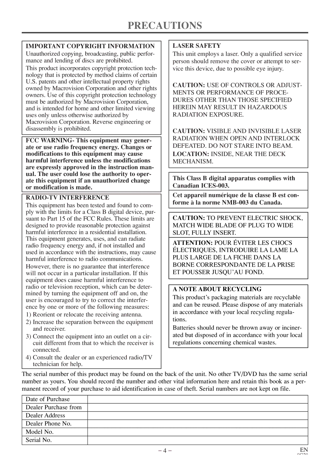 Sylvania 6513DE owner manual Precautions, Important Copyright Information, RADIO-TV Interference, Laser Safety 