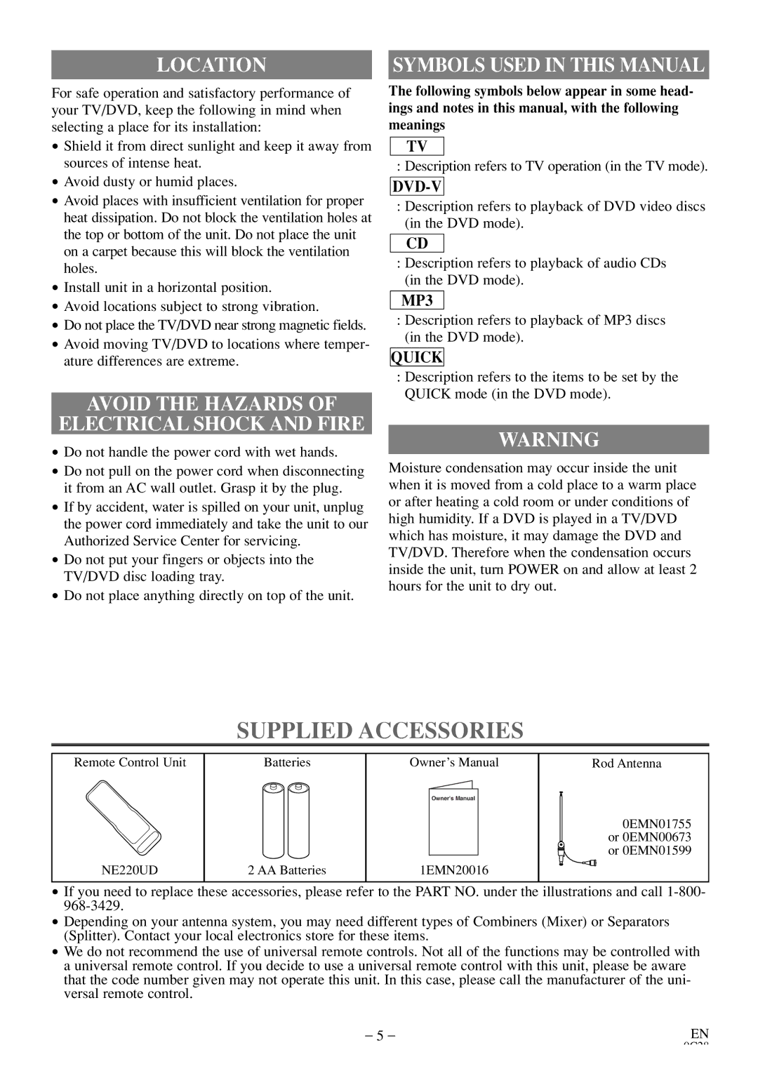 Sylvania 6513DE owner manual Supplied Accessories, Location, Avoid the Hazards Electrical Shock and Fire 