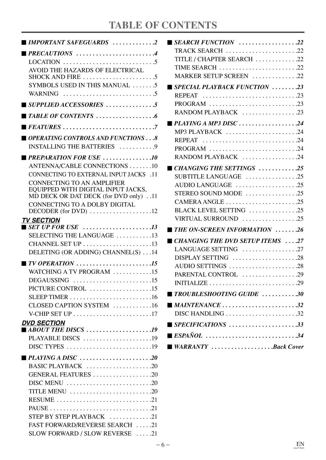 Sylvania 6513DE owner manual Table of Contents 