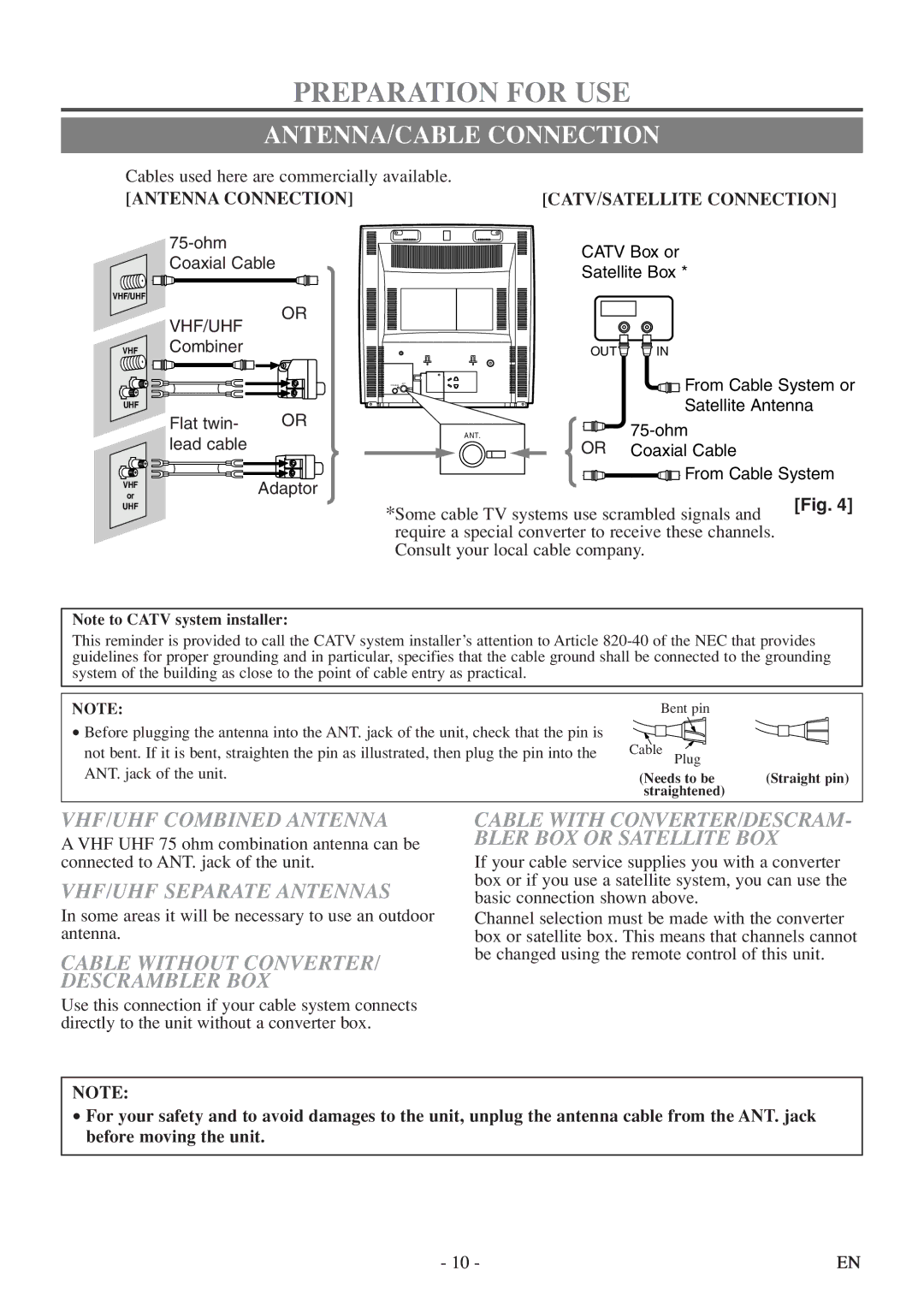 Sylvania 6513DF Preparation for USE, ANTENNA/CABLE Connection, VHF/UHF Combined Antenna, VHF/UHF Separate Antennas 