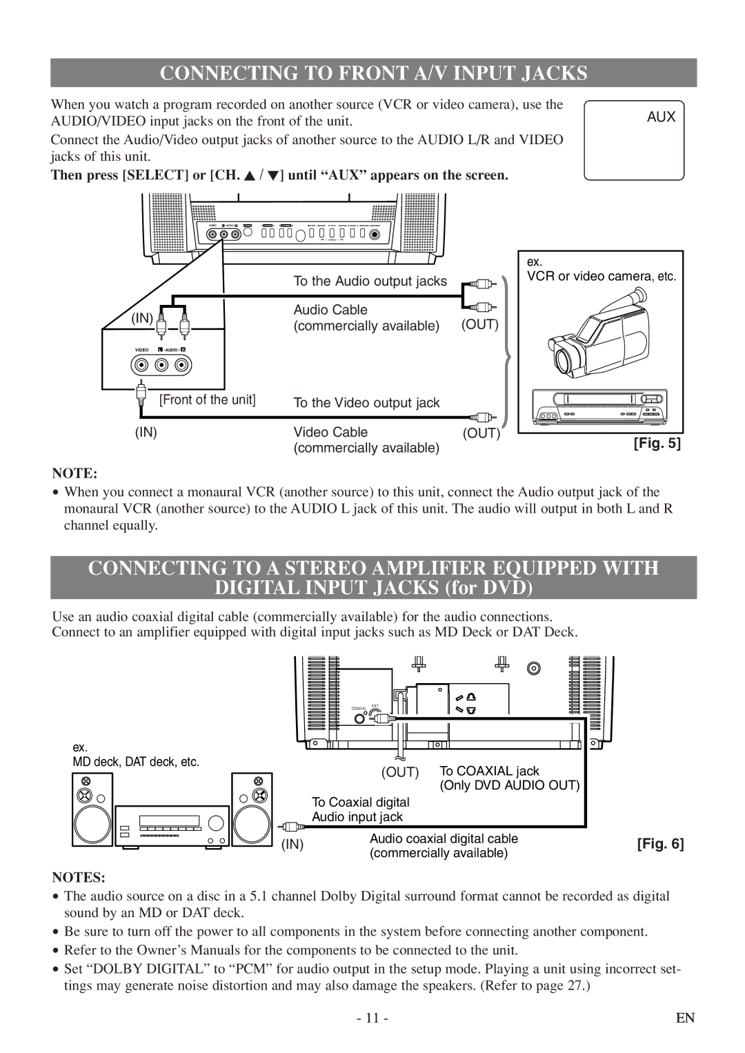 Sylvania 6513DF owner manual Connecting to Front A/V Input Jacks, Connecting to a Stereo Amplifier Equipped with 