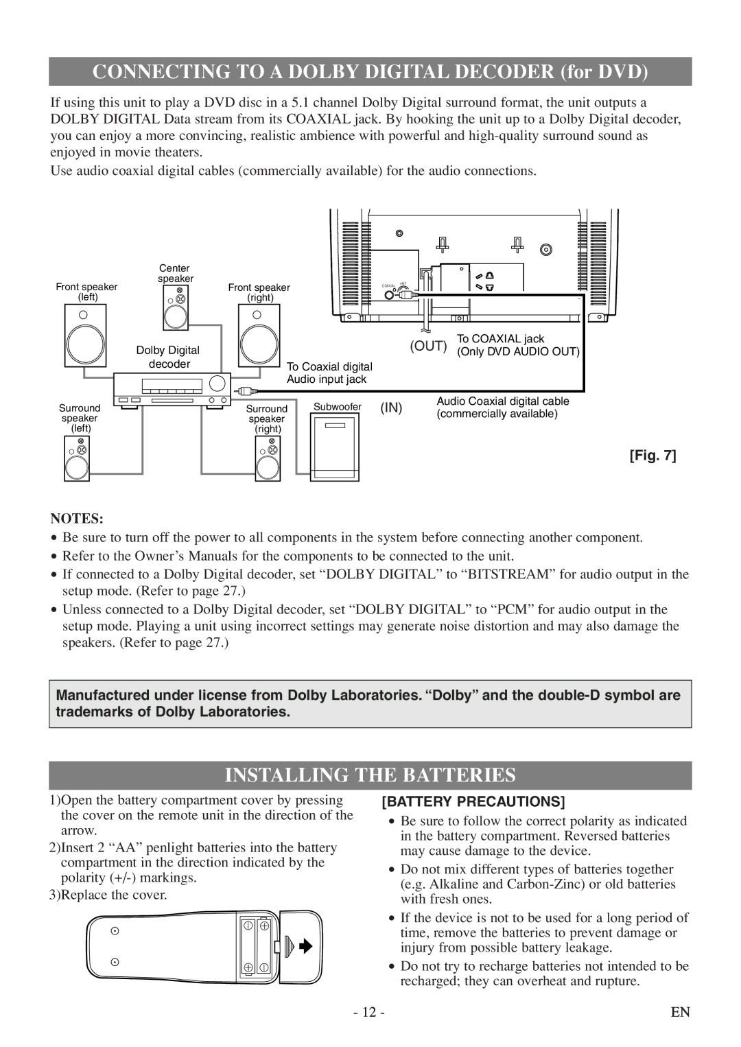 Sylvania 6513DF owner manual Connecting to a Dolby Digital Decoder for DVD, Installing the Batteries 